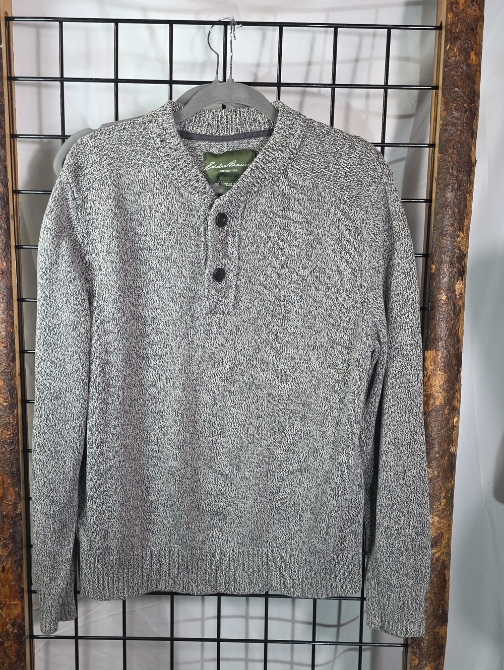 Eddie Bauer Men's Marled Gray Crewneck Henley Sweater